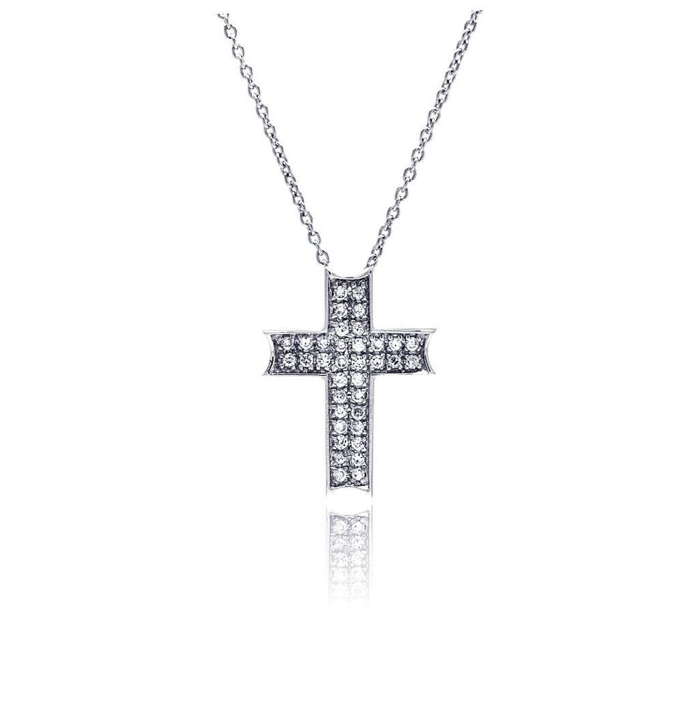 .925 Sterling Silver Clear Cz Rhodium Plated Cross Pendant Necklace