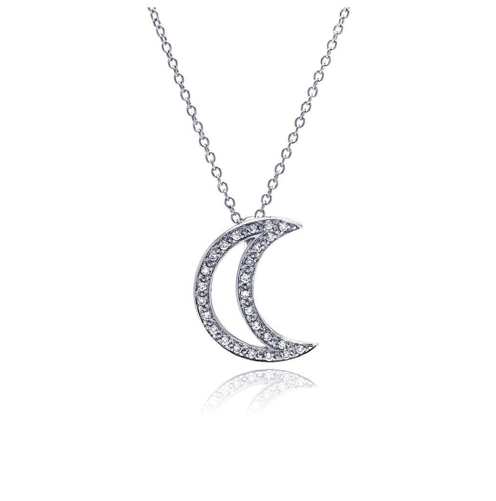 .925 Sterling Silver Clear Cz Rhodium Plated Half Moon Pendant Necklace