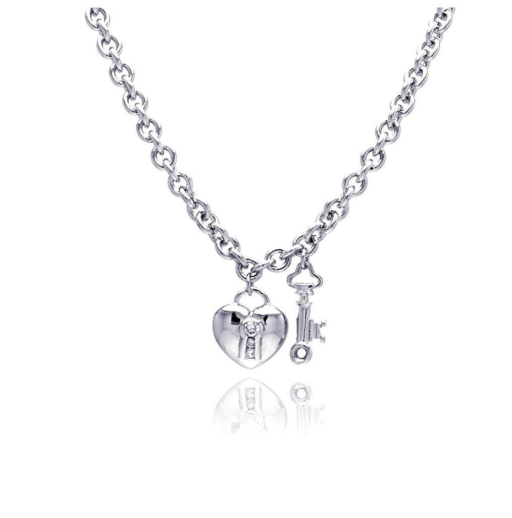 .925 Sterling Silver Clear Cz Rhodium Plated Heart Key Pendant Necklace