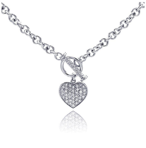 .925 Sterling Silver Clear Cz Rhodium Plated Heart Toggle Pendant Necklace