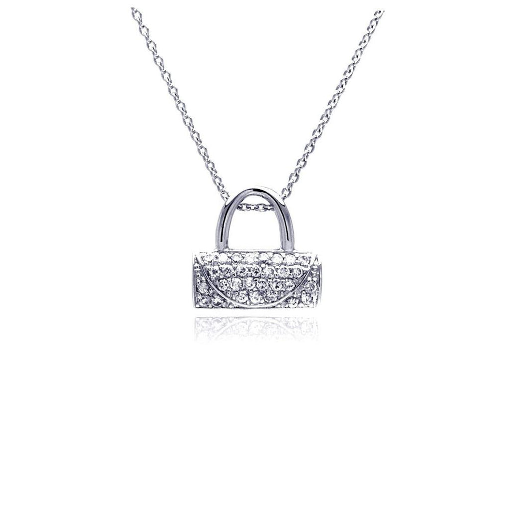 .925 Sterling Silver Clear Cz Rhodium Plated Handbag Pendant Necklace