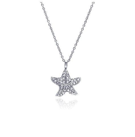 .925 Sterling Silver Clear Cz Rhodium Plated Starfish Pendant Necklace