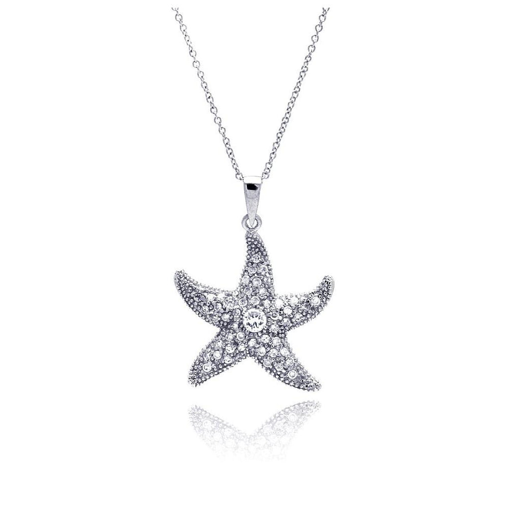 .925 Sterling Silver Clear Cz Rhodium Plated Starfish Pendant Necklace