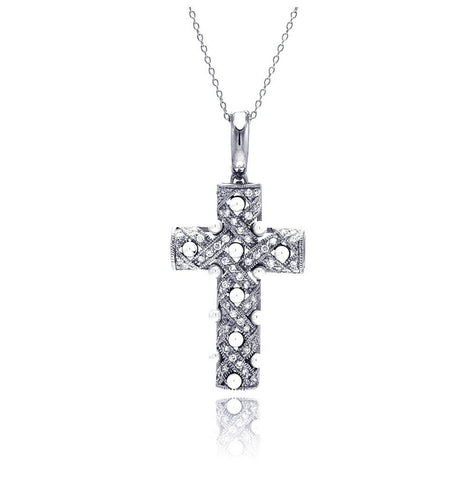 .925 Sterling Silver Clear Cz Rhodium Plated Fancy Cross Pendant Necklace