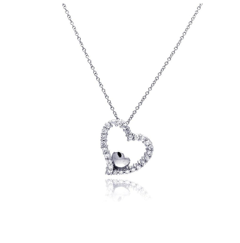 .925 Sterling Silver Clear Cz Rhodium Plated Heart Pendant Necklace