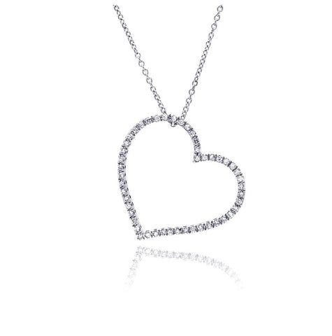 .925 Sterling Silver Clear Cz Rhodium Plated Classic Heart Pendant Necklace