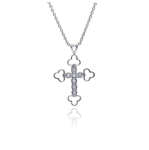 .925 Sterling Silver Clear Cz Rhodium Plated Fancy Cross Pendant Necklace