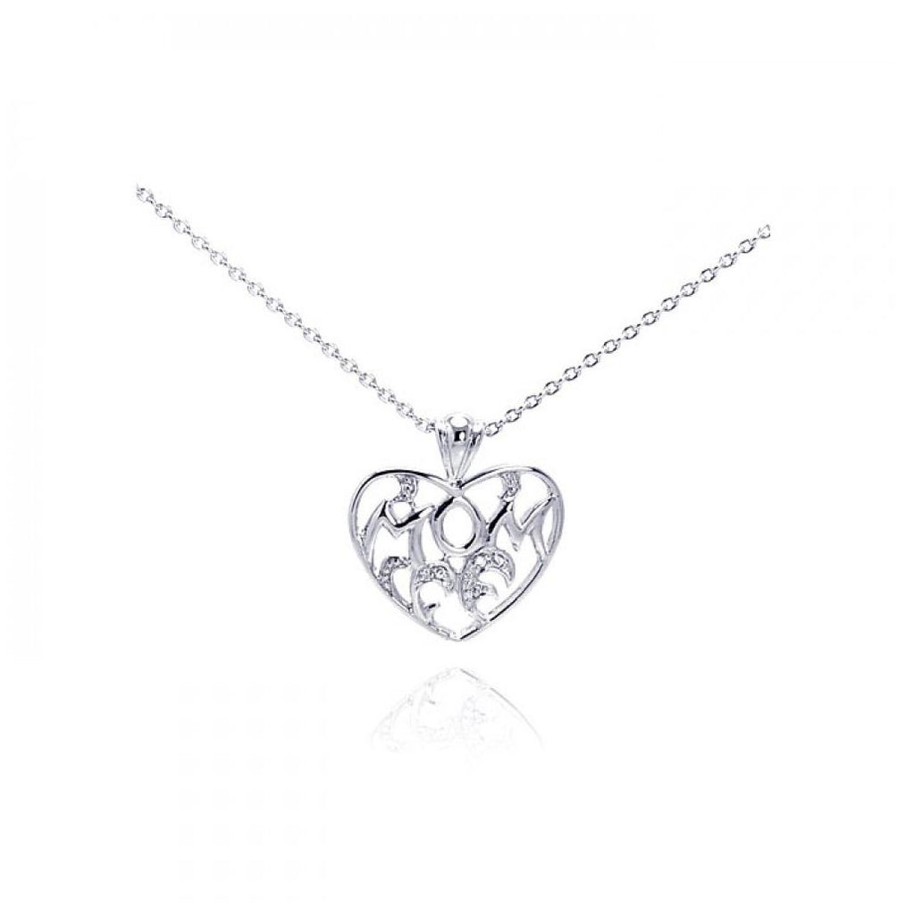 .925 Sterling Silver Clear Cz Rhodium Plated Mom Heart Pendant Necklace