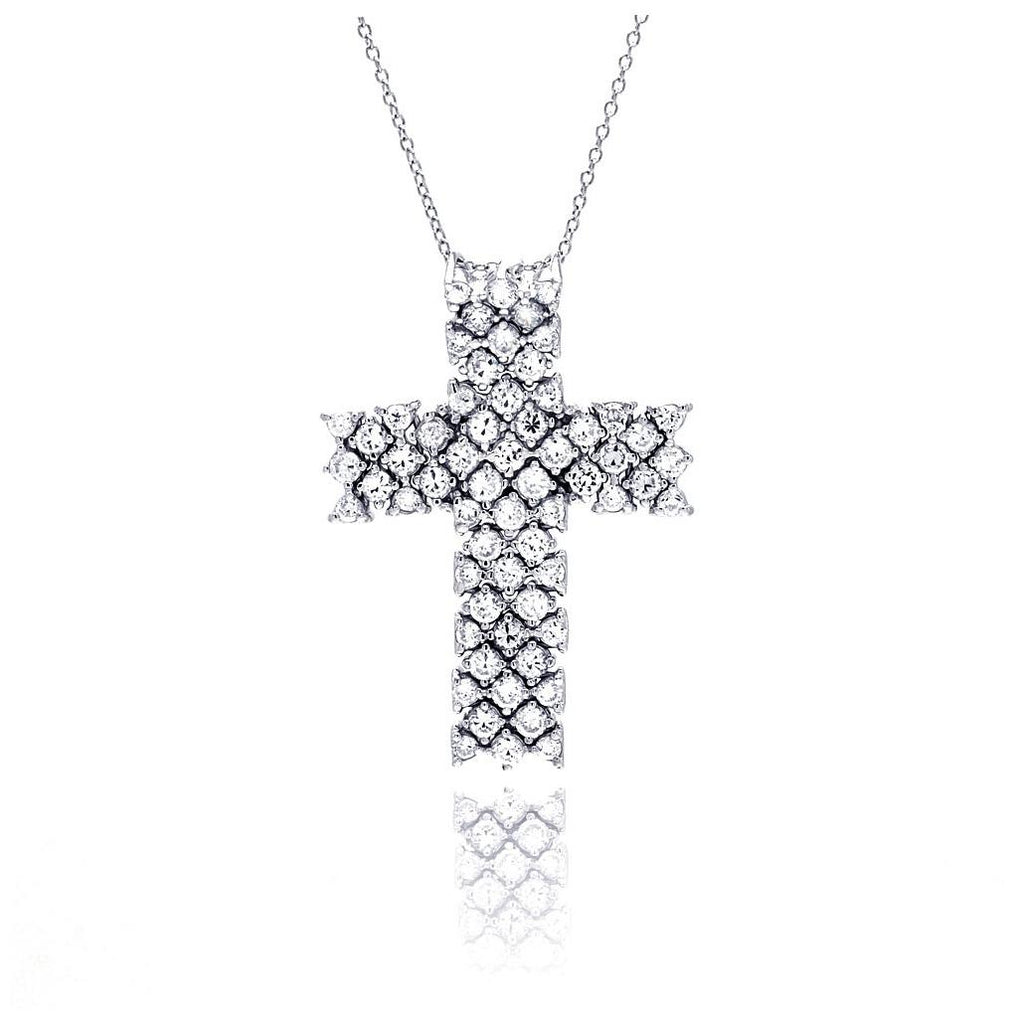 .925 Sterling Silver Clear Cz Rhodium Plated Cross Pendant Necklace