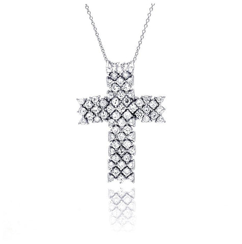 .925 Sterling Silver Clear Cz Rhodium Plated Cross Pendant Necklace