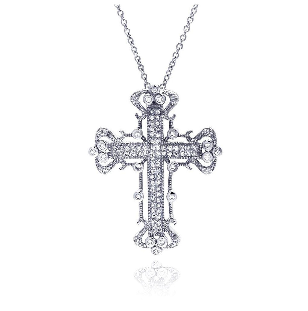 .925 Sterling Silver Clear Cz Rhodium Plated Fancy Cross Pendant Necklace