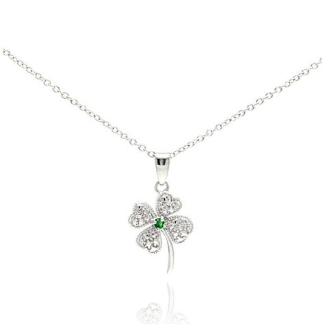 .925 Sterling Silver Clear Green Cz Rhodium Plated Clover Pendant Necklace