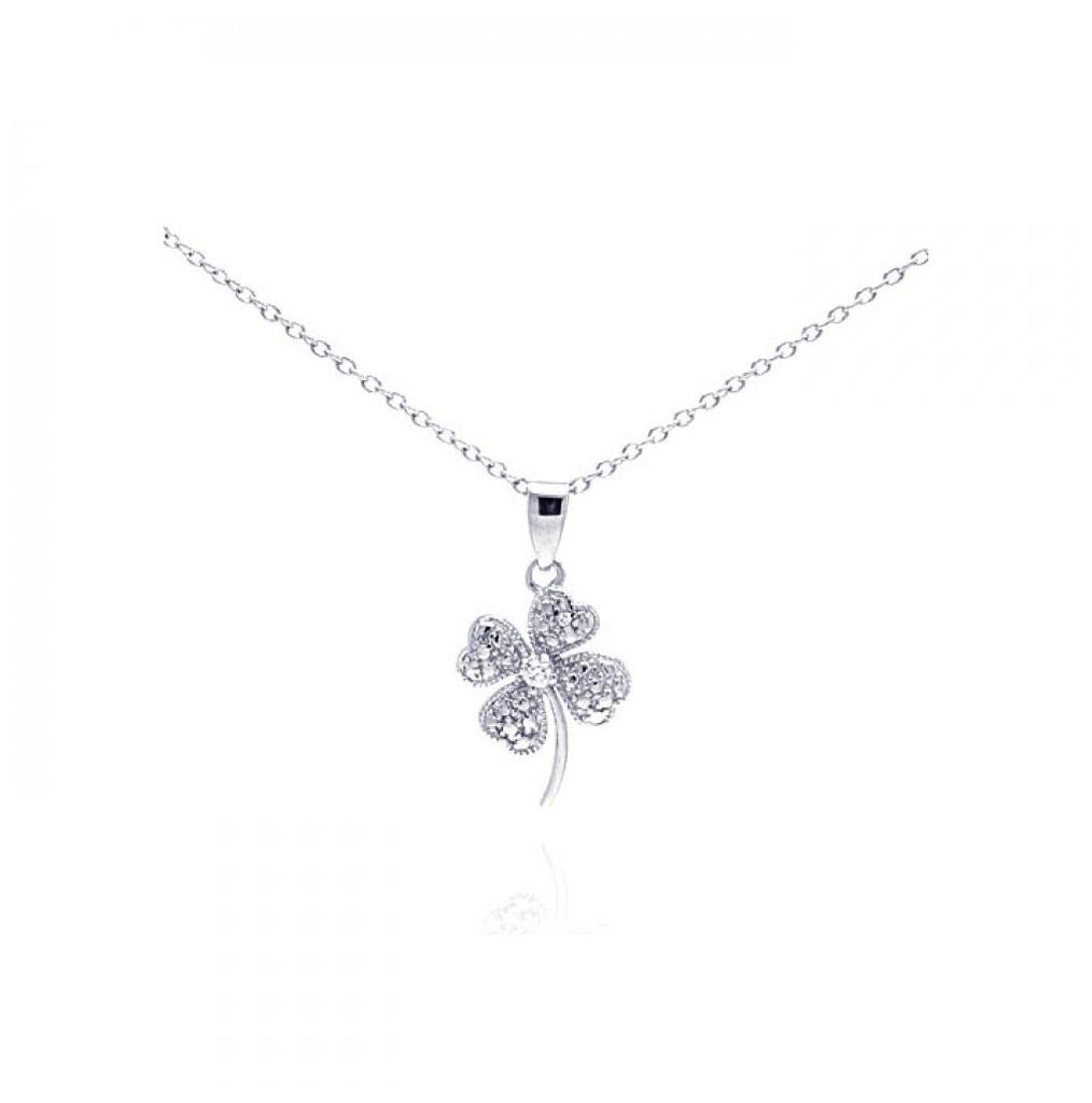 .925 Sterling Silver Clear Cz Rhodium Plated Clover Pendant Necklace