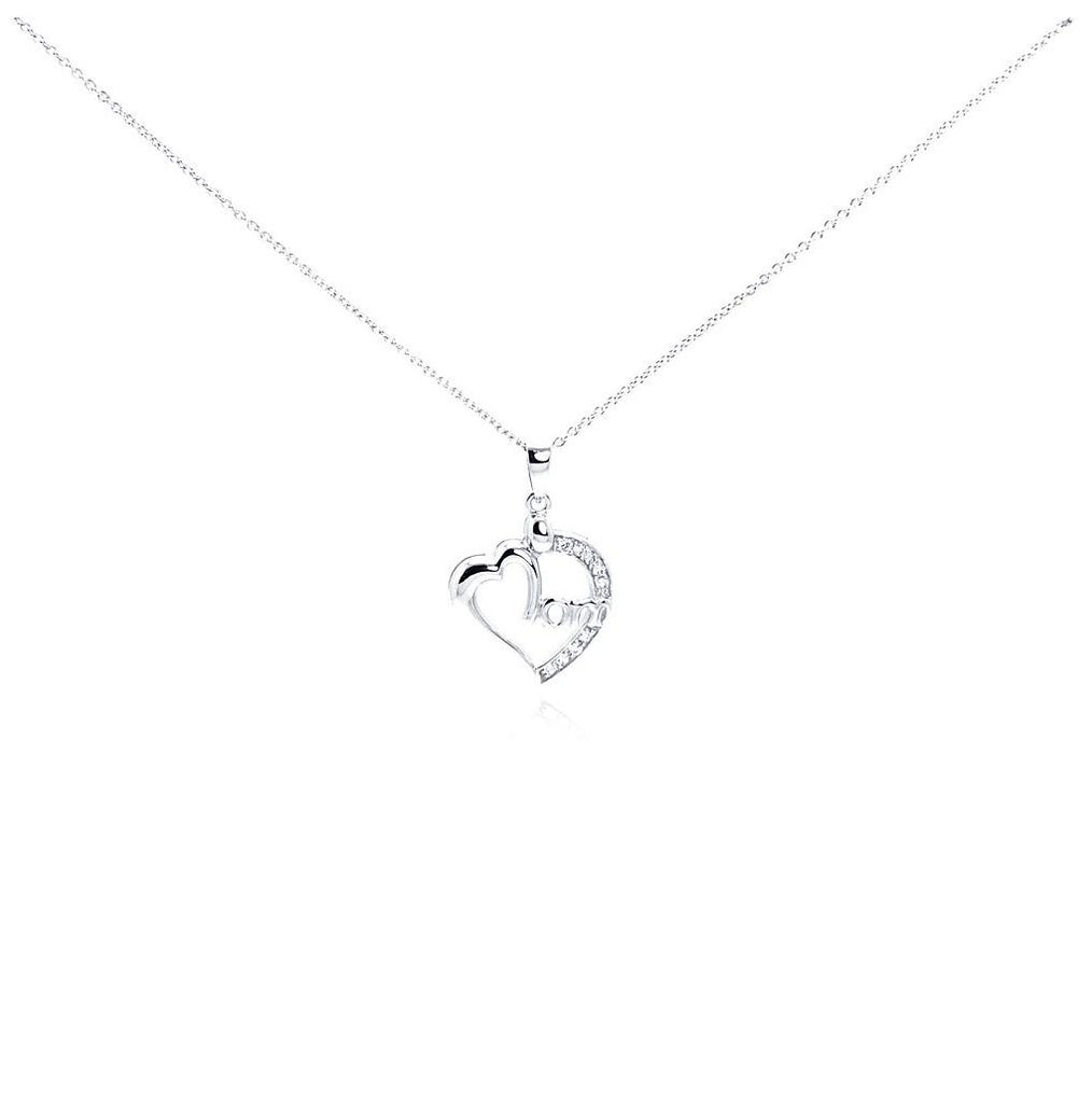 .925 Sterling Silver Clear Cz Rhodium Plated Mom Heart Pendant Necklace