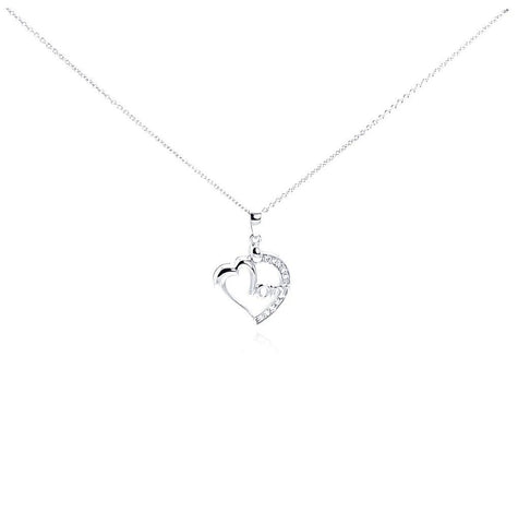 .925 Sterling Silver Clear Cz Rhodium Plated Mom Heart Pendant Necklace