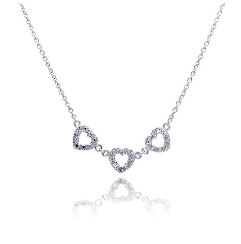 .925 Sterling Silver Clear Cz Rhodium Plated 3hearts Pendant Necklace