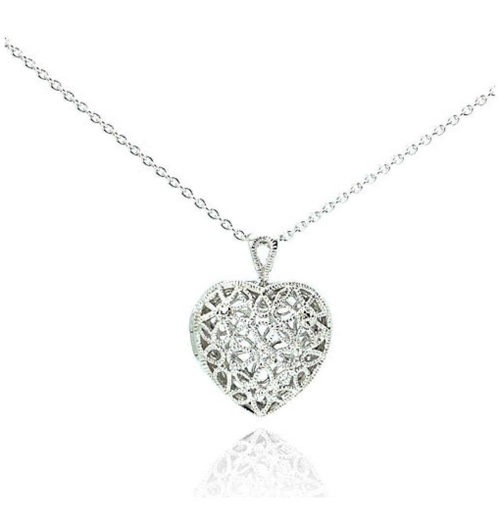 .925 Sterling Silver Clear Cz Rhodium Plated Heart Locket Pendant Necklace