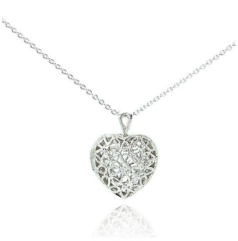 .925 Sterling Silver Clear Cz Rhodium Plated Heart Locket Pendant Necklace