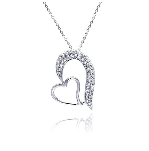 .925 Sterling Silver Clear Cz Rhodium Plated Fancy Hearts Pendant Necklace