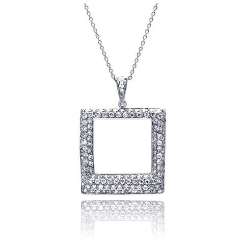 .925 Sterling Silver Clear Cz Rhodium Plated Open Square Pendant Necklace