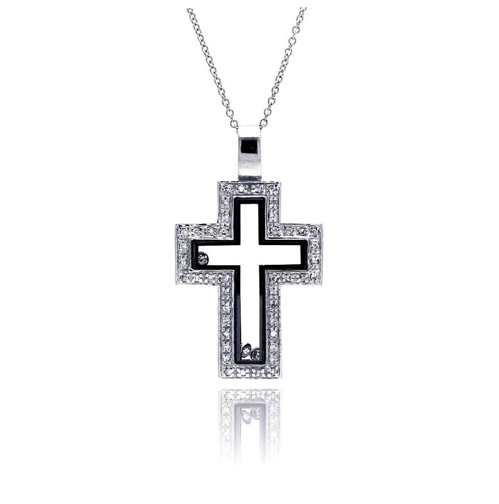 .925 Sterling Silver Clear Black Cz Rhodium Plated Cutout Cross Pendant Necklace