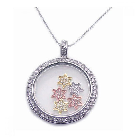 .925 Sterling Silver Tri Color Cz Rhodium Plated Circle Stars Pendant Necklace