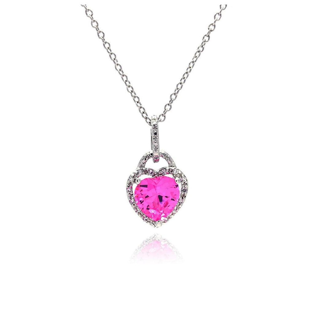 .925 Sterling Silver Clear Pink Cz Rhodium Plated Heart Pendant Necklace