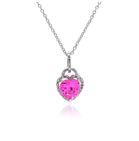 .925 Sterling Silver Clear Pink Cz Rhodium Plated Heart Pendant Necklace