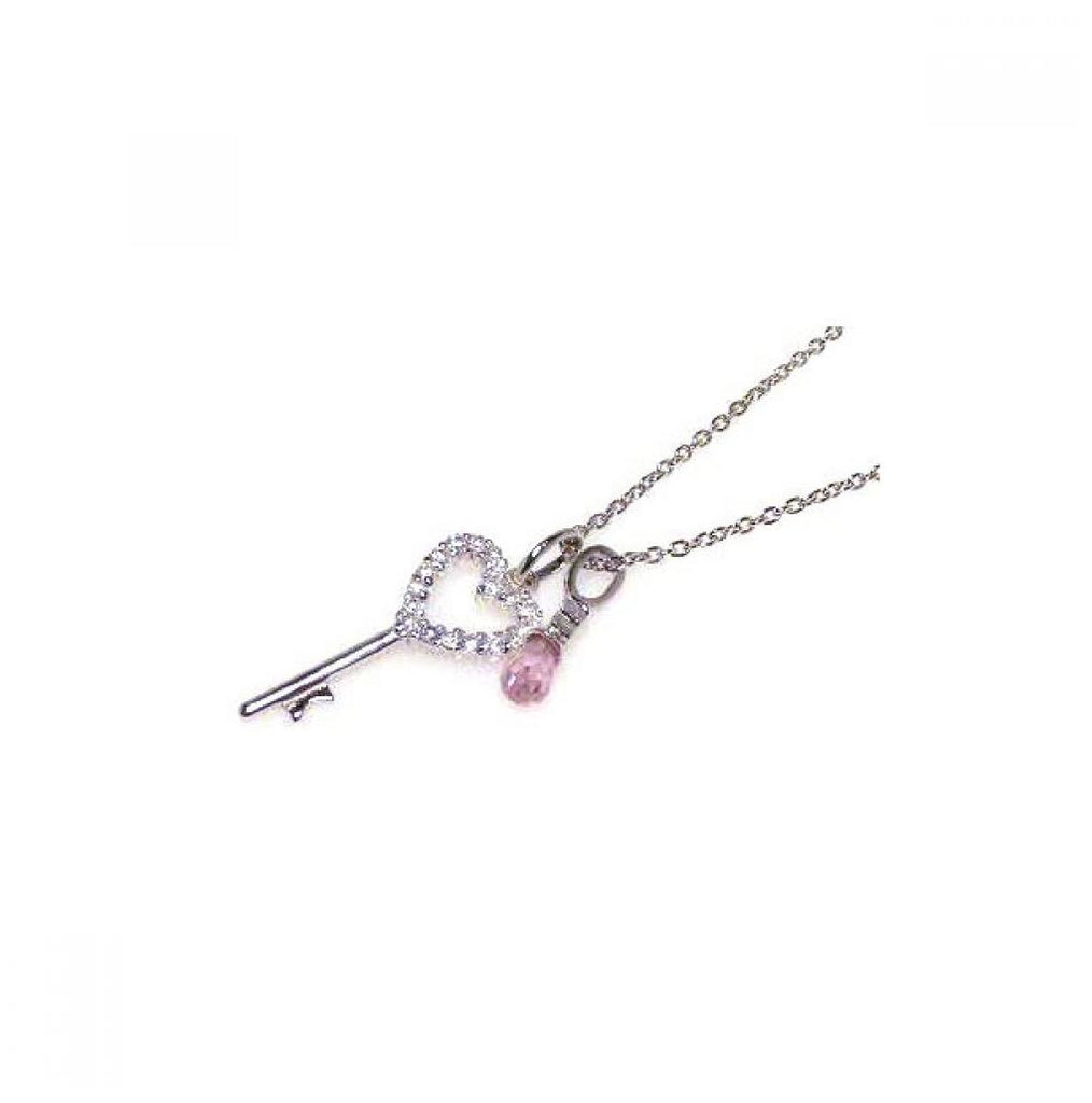 .925 Sterling Silver Clear Pink Cz Rhodium Plated Heart Key Pendant Necklace