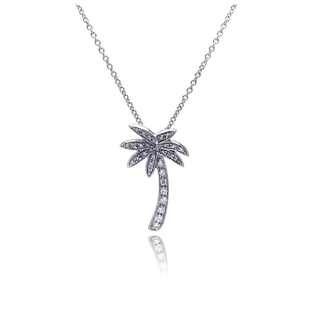 .925 Sterling Silver Clear Cz Rhodium Plated Palm Tree Pendant Necklace