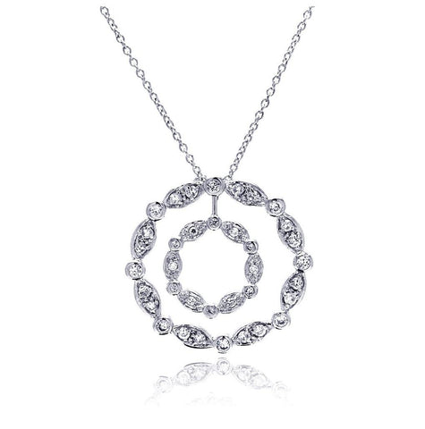 .925 Sterling Silver Clear Cz Rhodium Plated Double Circle Pendant Necklace