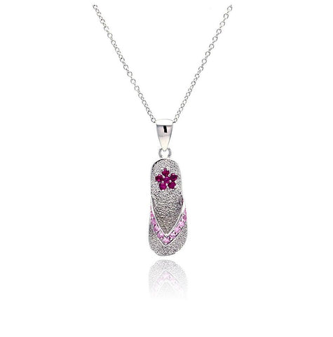 .925 Sterling Silver Rhodium Plated Violet & Purple Flower Cz Dangling Sandale Necklace