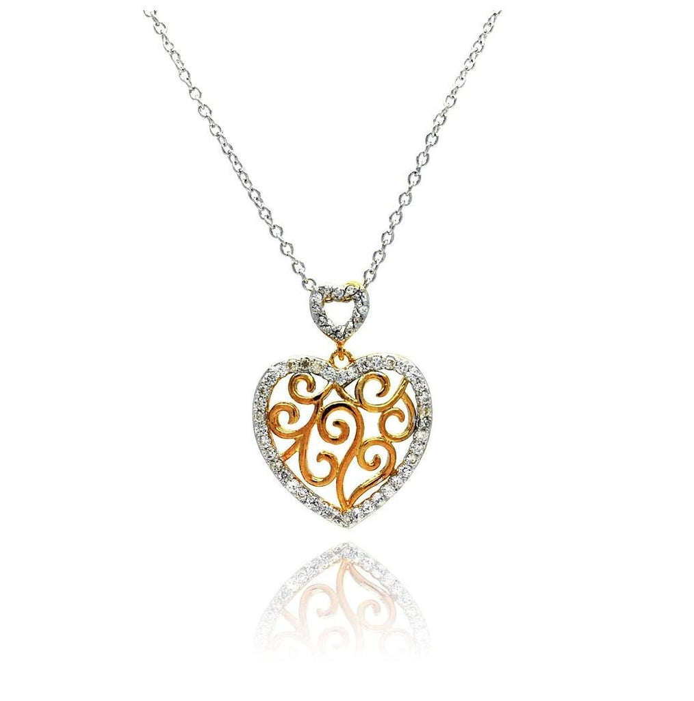 .925 Sterling Silver Clear Cz Rhodium Plated Heart Cutout Accent Pendant Necklace