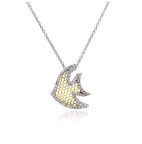 .925 Sterling Silver Clear Cz Rhodium Plated Multi Hole Fish Pendant Necklace