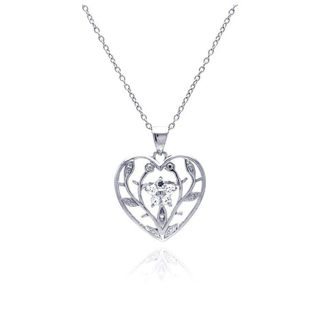 .925 Sterling Silver Clear Cz Rhodium Plated Heart Leaf Accent Pendant Necklace