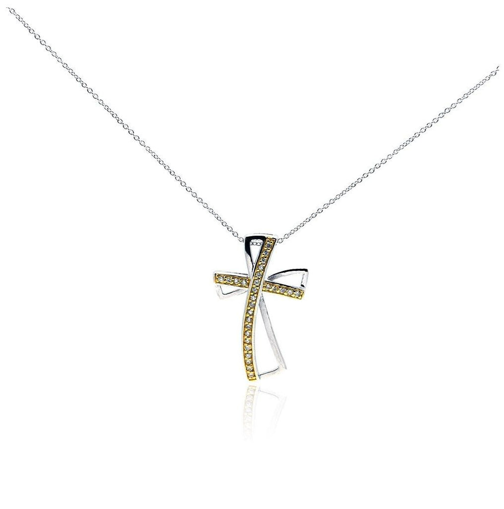 .925 Sterling Silver Clear Cz Rhodium Plated Gold Plated Cross Pendant Necklace