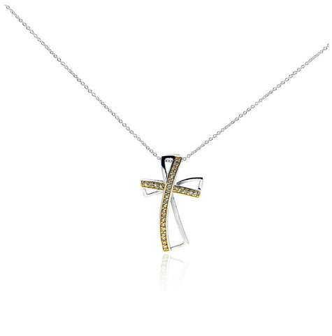 .925 Sterling Silver Clear Cz Rhodium Plated Gold Plated Cross Pendant Necklace