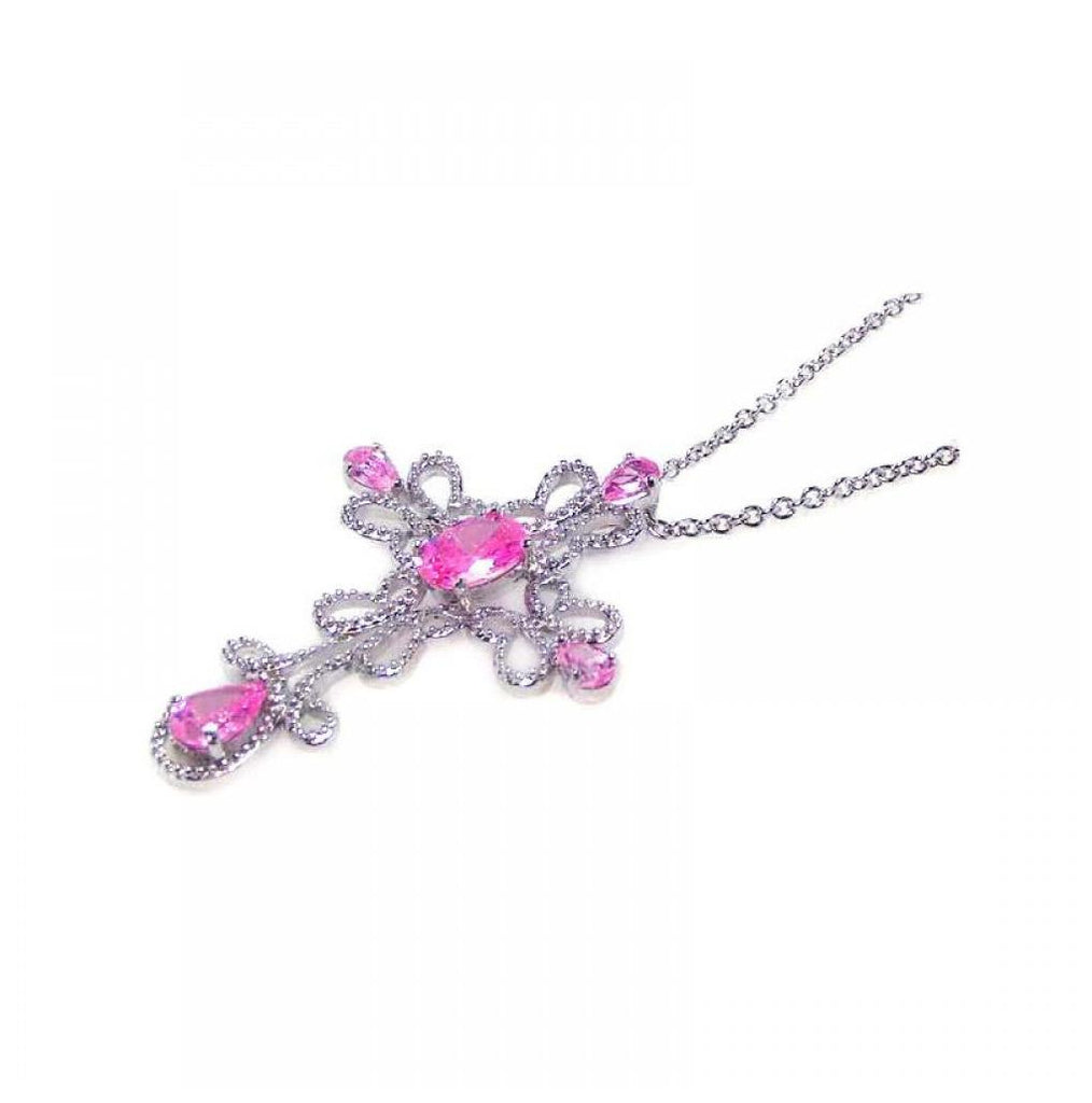 .925 Sterling Silver Clear Cz Rhodium Plated Cross Pink Stone Inlay Pendant Necklace