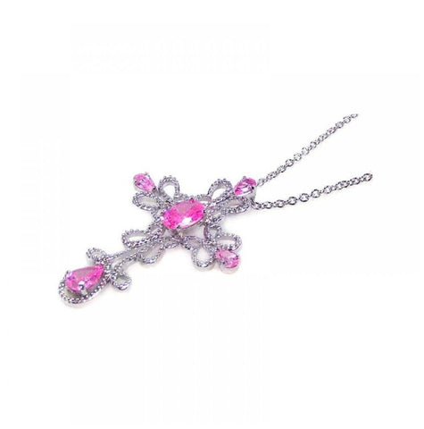 .925 Sterling Silver Clear Cz Rhodium Plated Cross Pink Stone Inlay Pendant Necklace