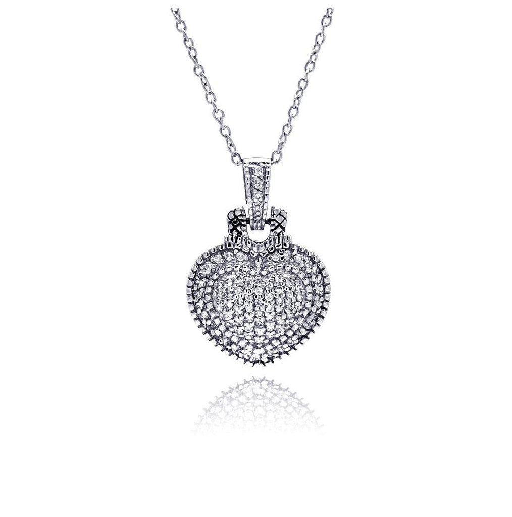 .925 Sterling Silver Clear Cz Rhodium Plated Heart Encrusted Pendant Necklace