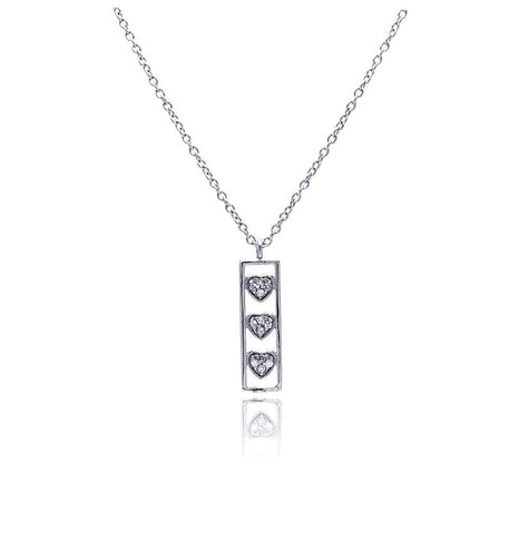 .925 Sterling Silver Clear Cz Rhodium Plated Bar Trio Hearts Pendant Necklace