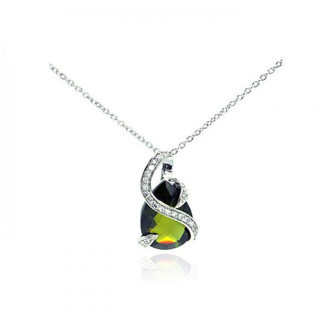 .925 Sterling Silver Clear Cz Rhodium Plated Green Teardrop Pendant Necklace