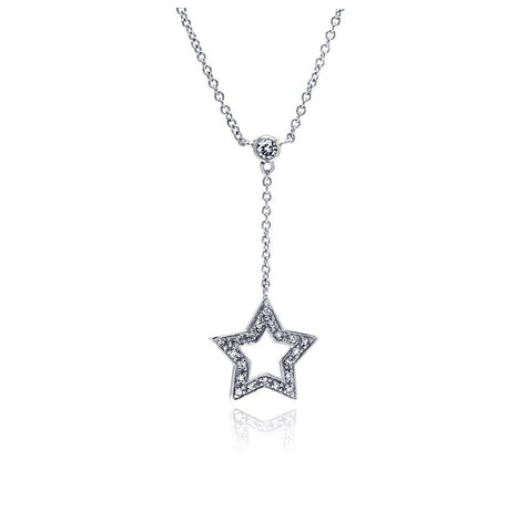 .925 Sterling Silver Clear Cz Rhodium Plated Drop Star Pendant Necklace