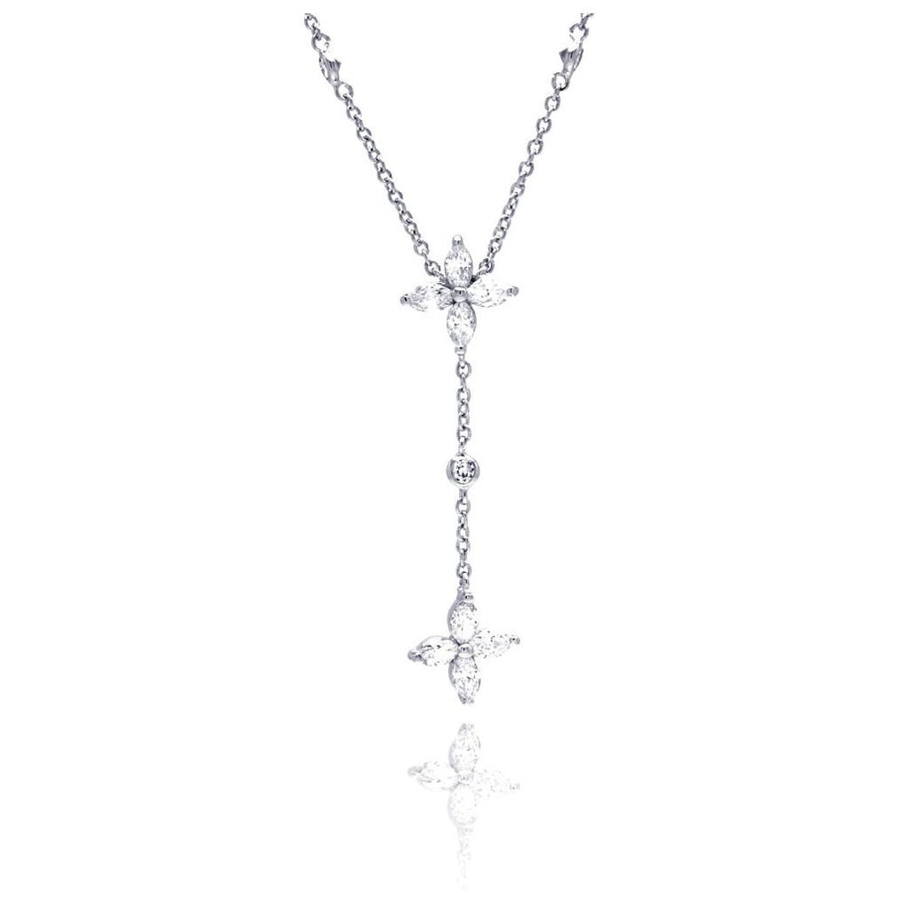 .925 Sterling Silver Rhodium Plated Clear Marquise Cz Dangling Flower Pendant Necklace