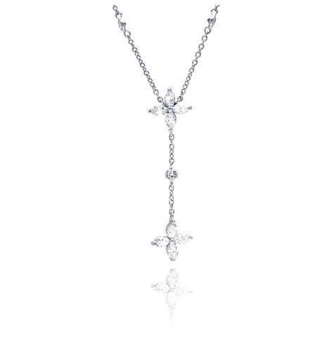 .925 Sterling Silver Rhodium Plated Clear Marquise Cz Dangling Flower Pendant Necklace