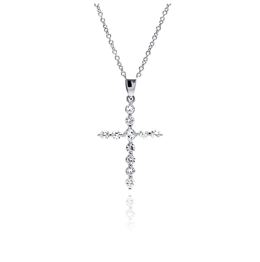 .925 Sterling Silver Rhodium Plated Cz Cross Pendant Necklace