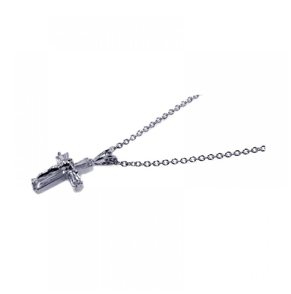 .925 Sterling Silver Rhodium Plated Cz Cross Pendant Necklace