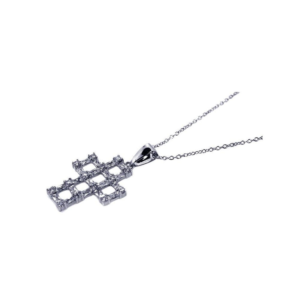 .925 Sterling Silver Rhodium Plated Cz Open Cross Pendant Necklace