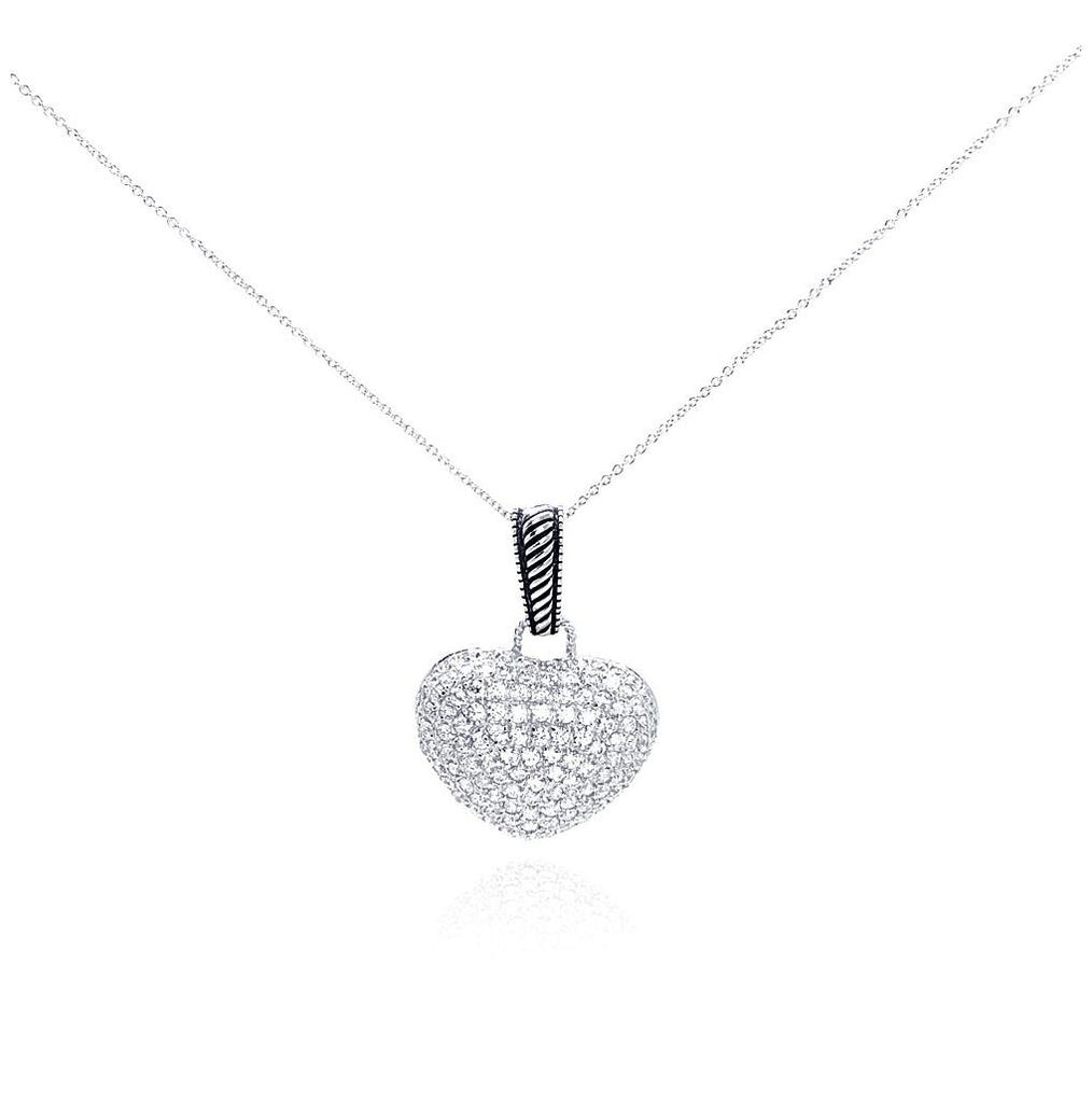 .925 Sterling Silver Rhodium Plated Pave Set Clear Cz Heart Pendant Necklace