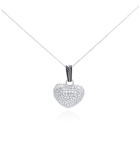 .925 Sterling Silver Rhodium Plated Pave Set Clear Cz Heart Pendant Necklace